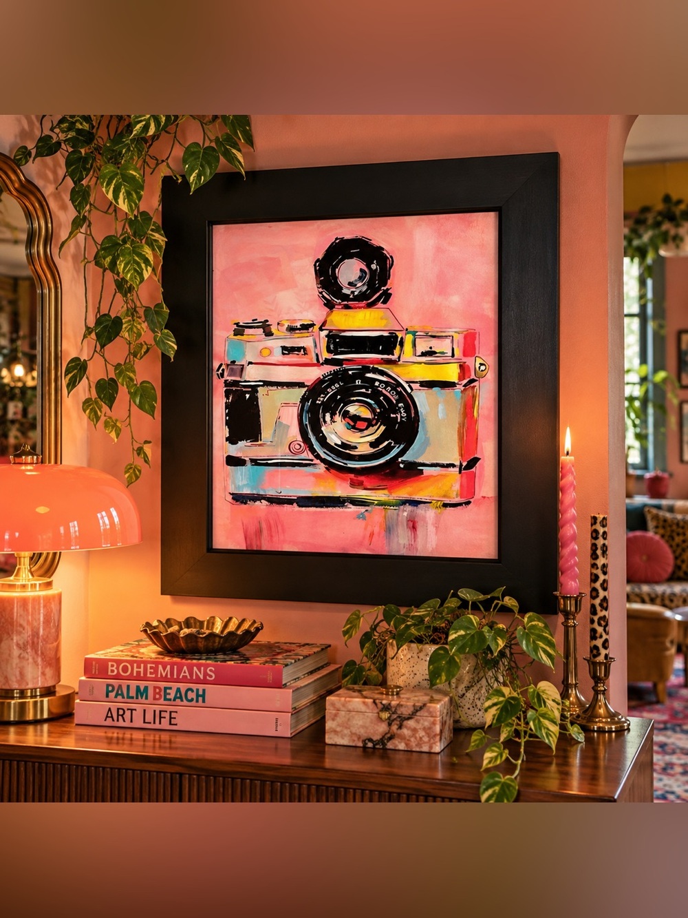 Vintage Camera Print Retro Pink Camera Art Black Frame Canvas Print 16.5x19.5”